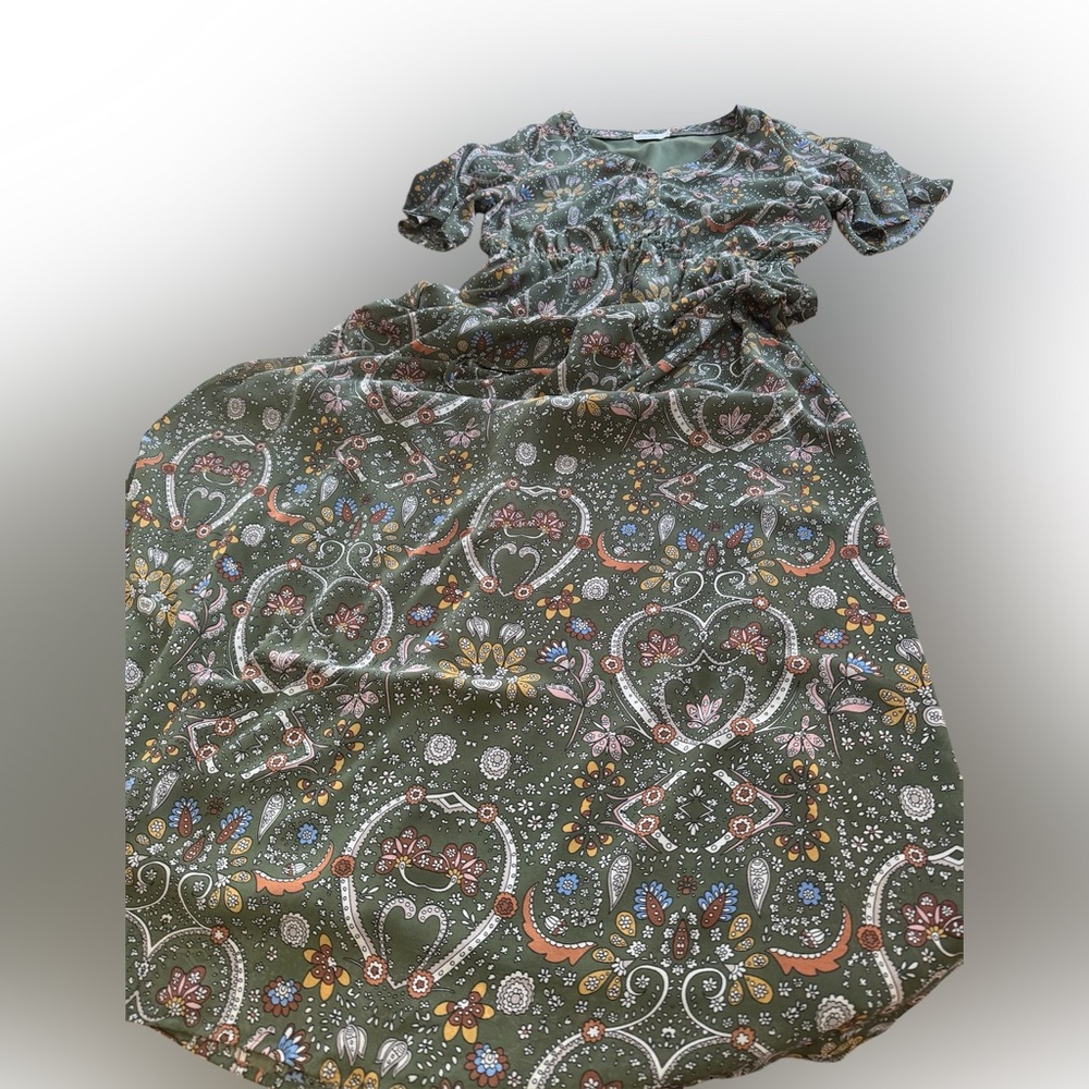 Roolee green floral and paisley maxi dress. Lined, flutter sleeve. Size Medium.